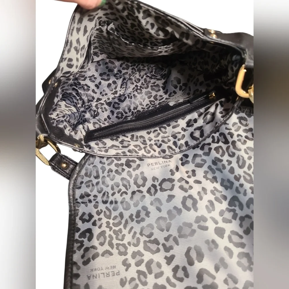 Perlina Black and Leopard Print Leather Women's Crossbody Bag